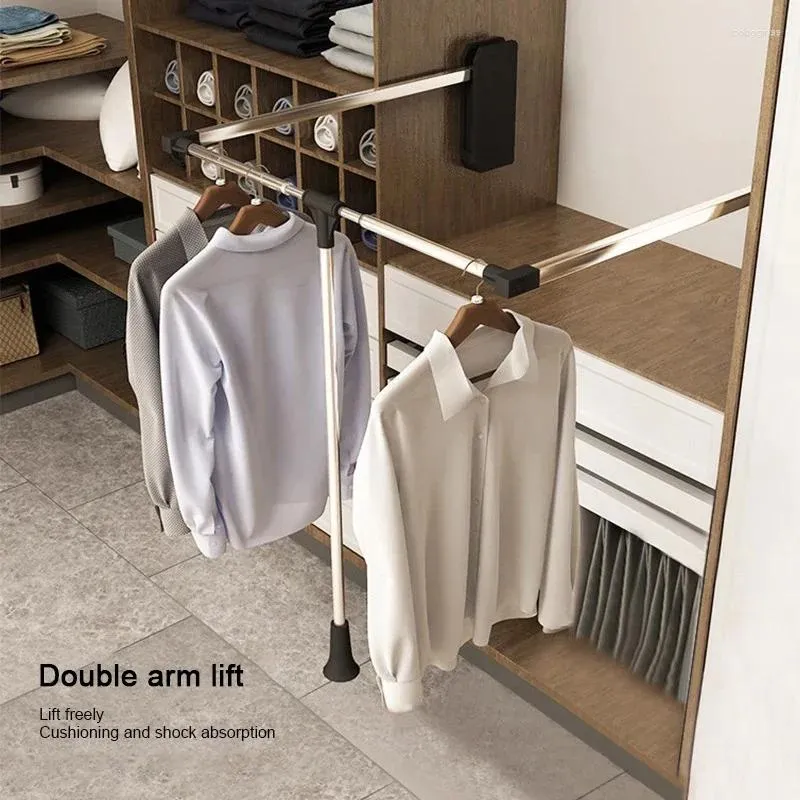 Pull Down Adjustable Wardrobe Bar Metal Closet Hanging Rail with Buffer 12kg Capacity Clothing Organizer Storage Solution