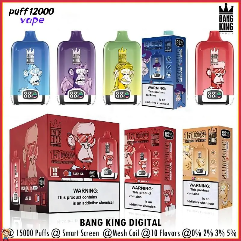 Bang King Puff 15000 15K Puffs Одноразовые вейп -подлинные вейпиры сетчатой сетчатой катушкой перезаряжаемые электронные сигареты 0% 2% 3% 5% 10 Аромат.