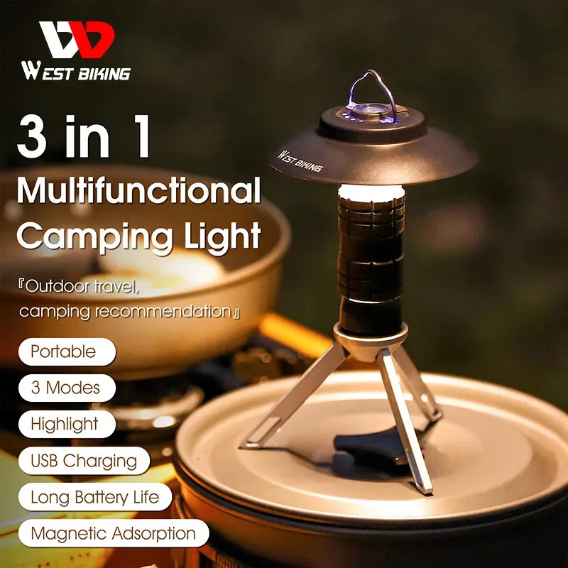 WEST BIKING Portable Camping Light Outdoor LED USB Rechargeable Camping Lantern With Magnetic 3 Modes Light Hanging Tent Light 240407