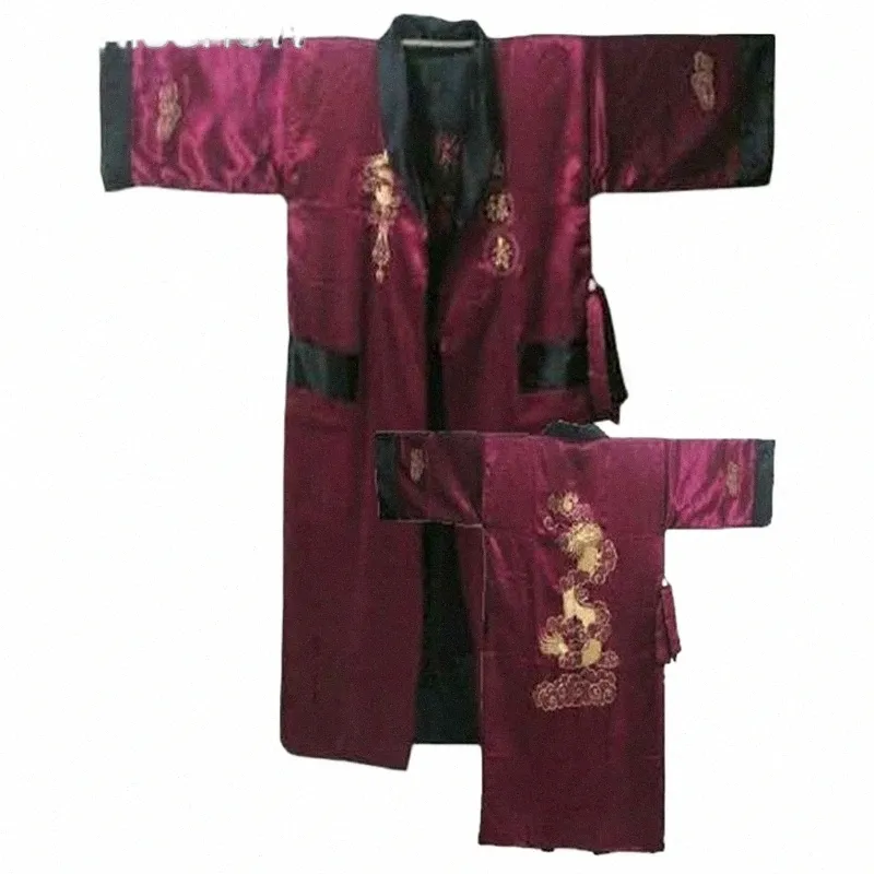 burdy Black Reversible Chinese Men's Satin Silk Two-face Robe Embroidery Kimo Bath Gown Drag One Size S3003 p9oa#