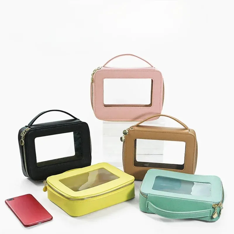 Özelleştirilmiş harfler renkli saffiano taşınabilir kozmetik kasa seyahat şeffaf makyaj çantası pvc kozmetik çanta tpu yıkama çanta