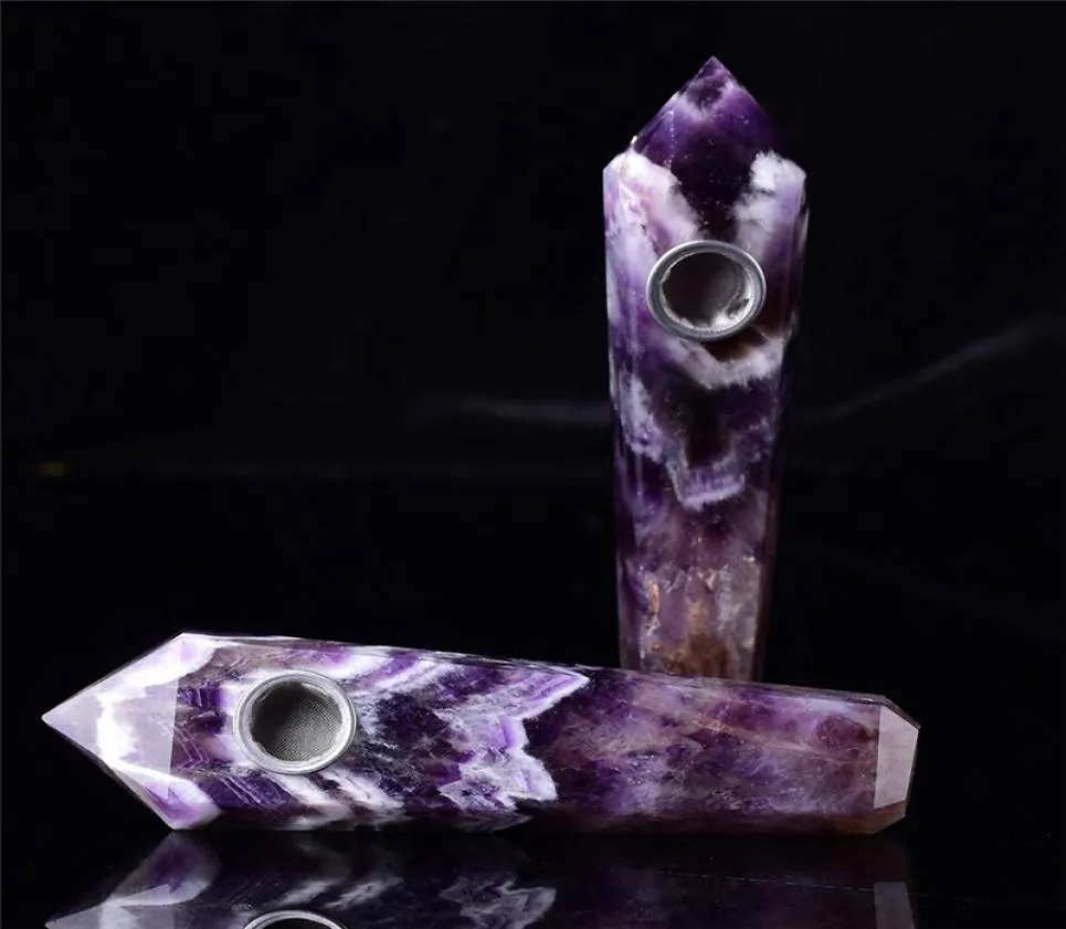 Natural Amethyst Crystal Smoking Pipe Craft Crystal Quartz Stone Wand 1 Metal Filters2381399