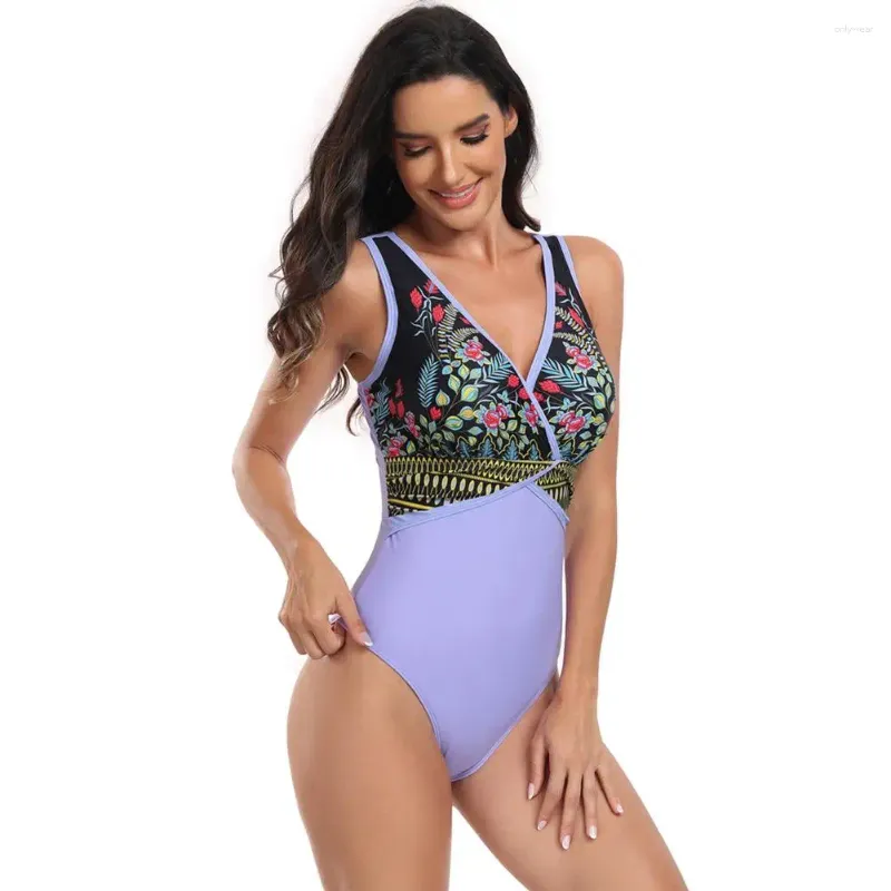 Maillots de bain pour femmes Maillot de bain imprimé élégant rétro col en V une pièce pour les femmes rembourrées sans fil Monikini avec costume de plage imprimé patchwork