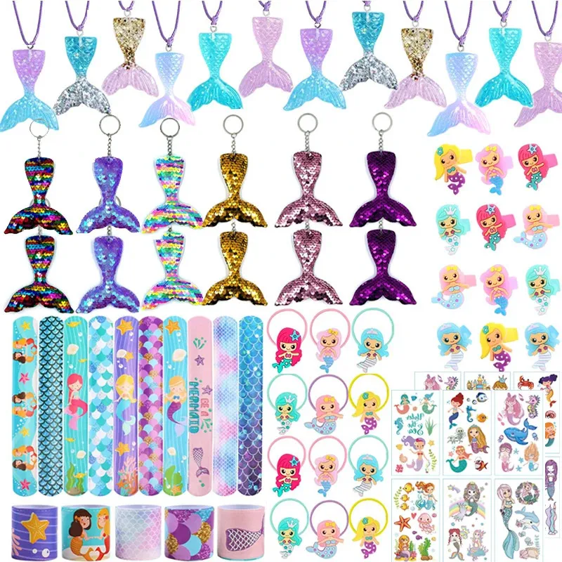 72pcs / 36pcs sirène fête faveurs filles anniversaire Pinata remplissage cadeaux de mariage de Noël sirène bracelet porte-clés collier jouets 240323