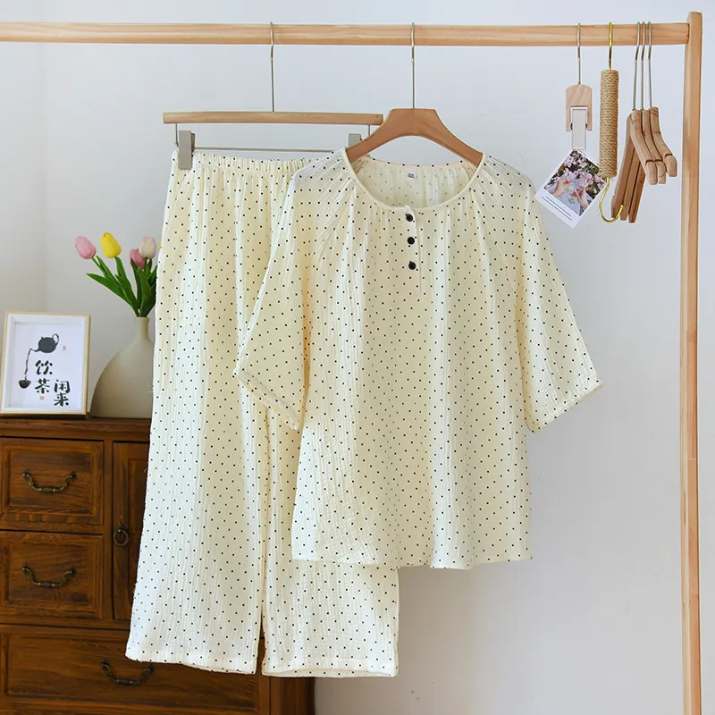 Pijama feminino de algodão puro, verão, fino, primavera/verão, simples, capris, crepe, algodão, roupas para casa, verão