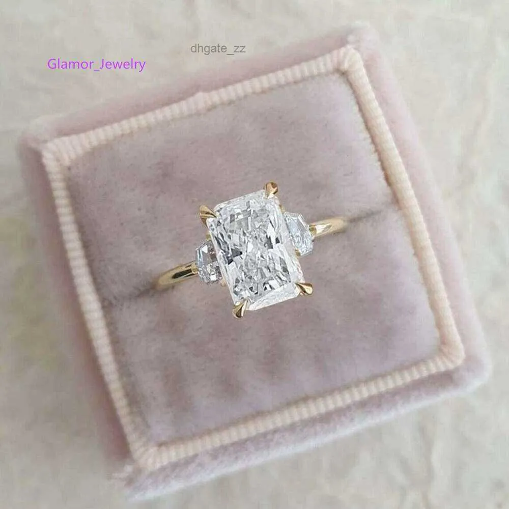 3.00CT Emerald Cut Moissanite Ring Emerald And Cadellic Cut 3 Stone Engagement Ring 18K Yellow Gold