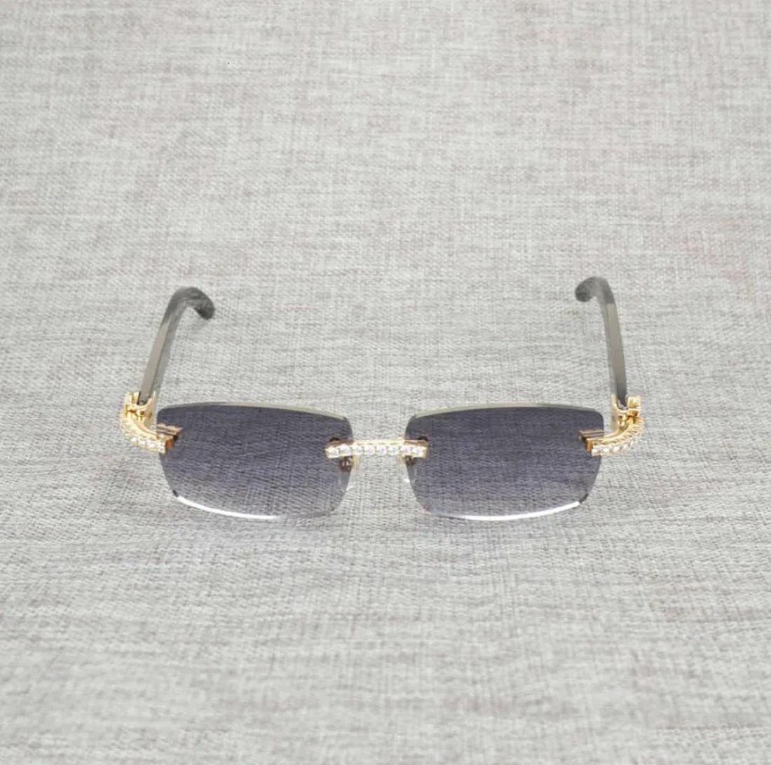 Vintage Rhinestone Black White Buffalo Horn Rimless Sunglasses Men Wood Sun Glasses Metal Frame Shades for Summer Club Eyewear9255857