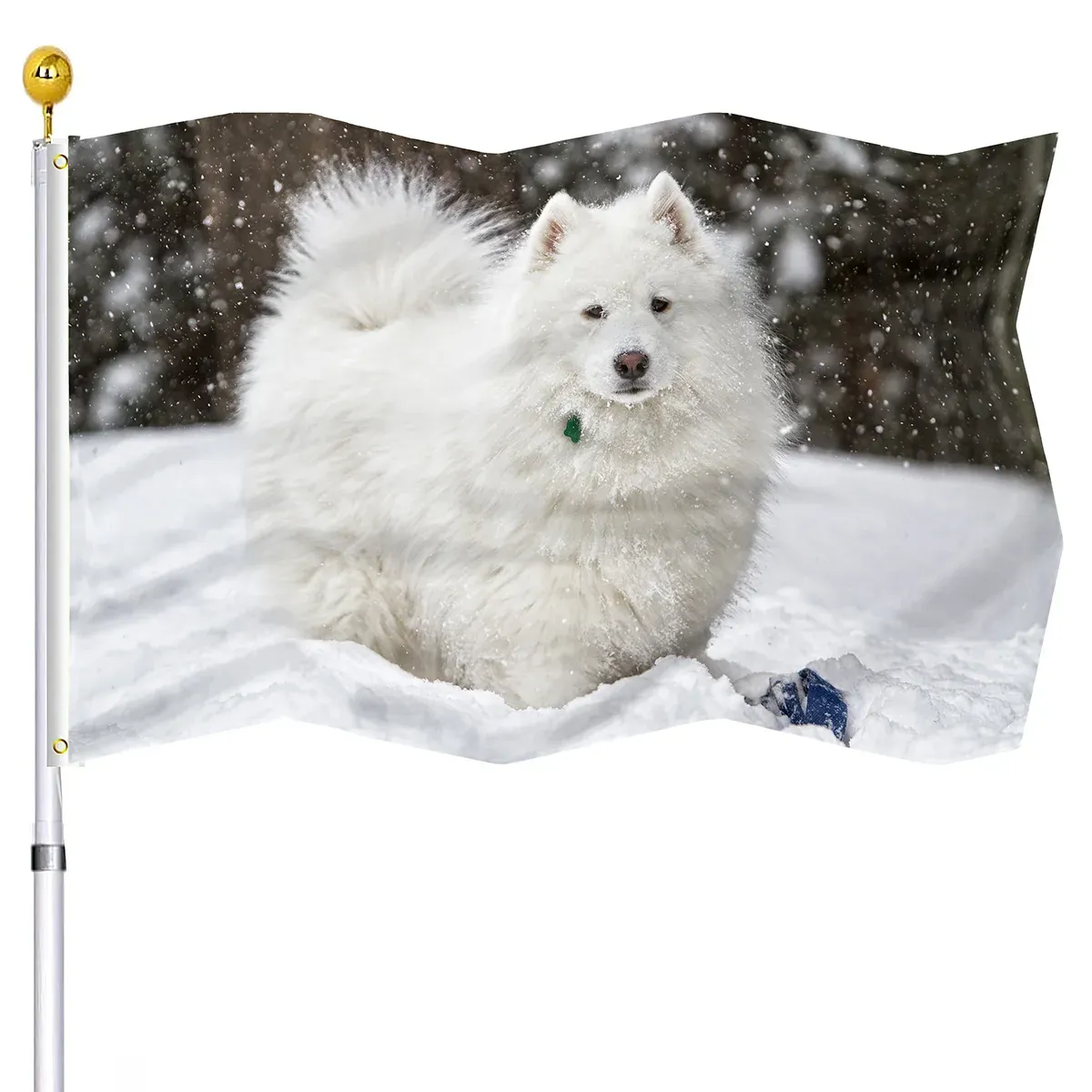 Accessoires Drapeau de chien Samoyède Neige en hiver Drapeaux en polyester pour maison, cour intérieure, décor extérieur, œillets en laiton, drapeau décoratif mignon pour animal de compagnie