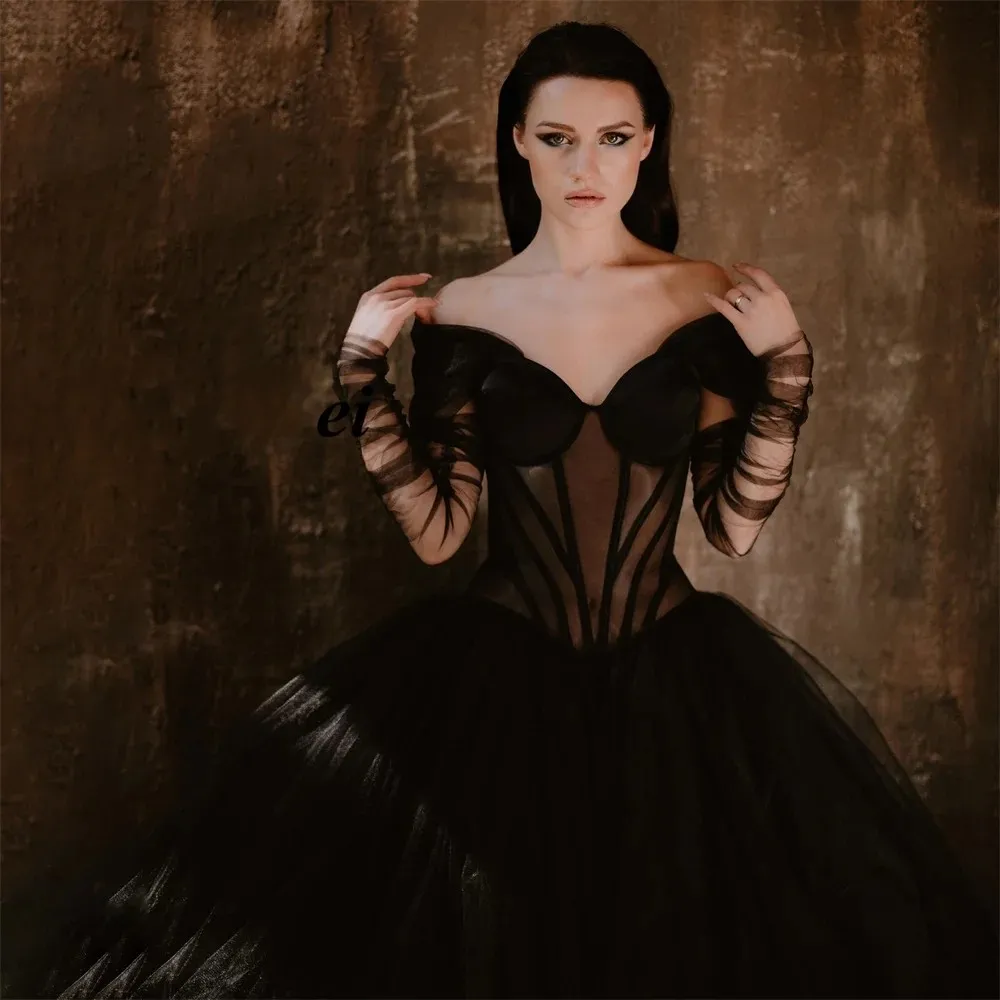 Сексуальное черное пышное платье для выпускного вечера 2024, женское платье с открытыми плечами и длинными рукавами из тюля, вечерние вечерние платья на день рождения, Robe De Soiree Vestidos De Feast