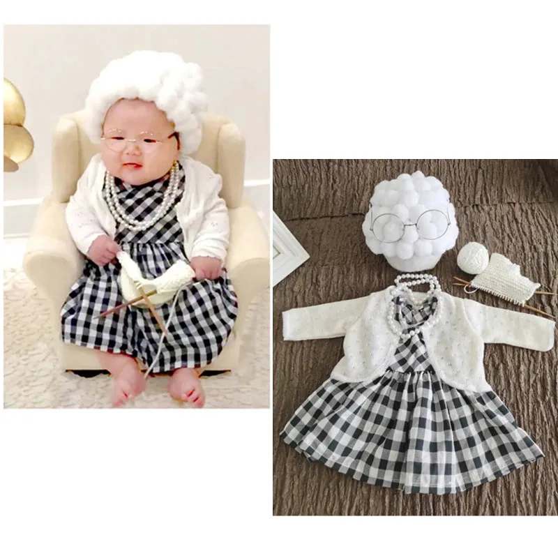 Baby Infant Pography Cotumes Nonna Nonno Abiti Po Set di abbigliamento Old Man Lady Parrucca Cappello Gentleman Vestito Cosplay 240323