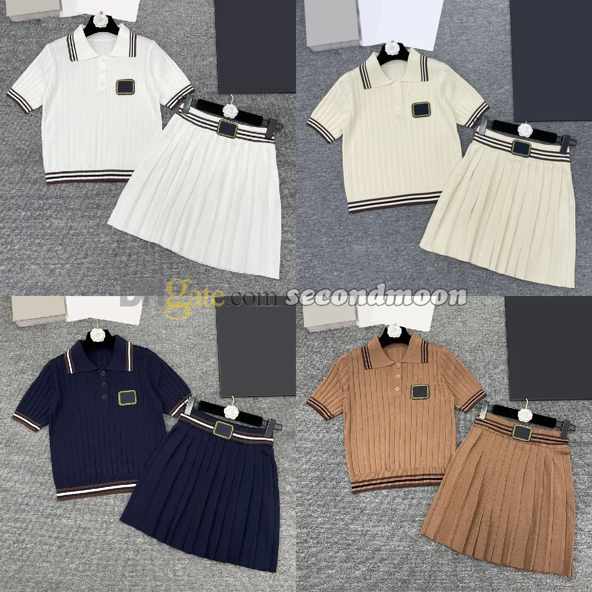 Jupe plissée Style Preppy pour femmes, tricot à manches courtes, col à revers, haut en tricot, tenue de fête printemps-été