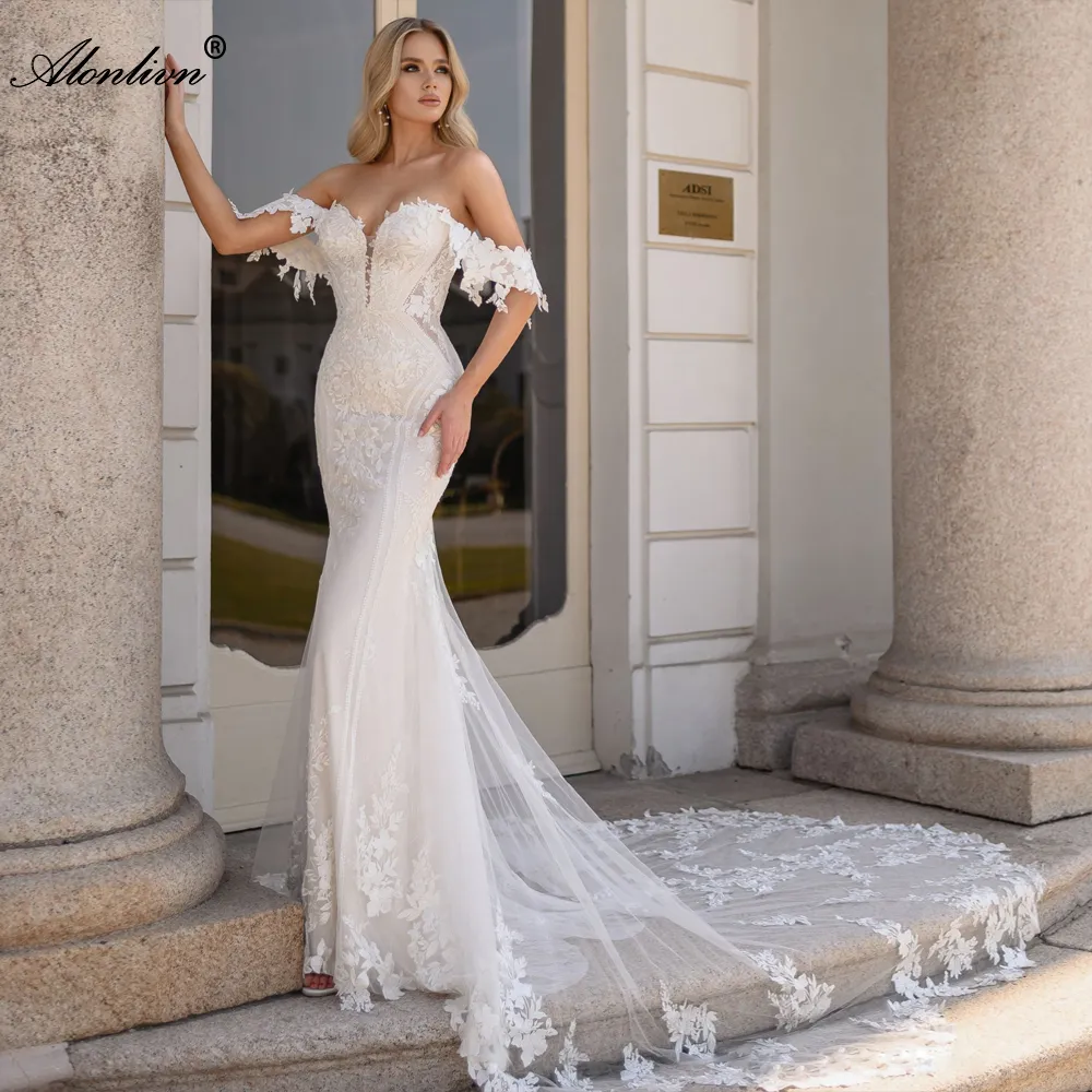 Elegant Off-Shoulder Mermaid Wedding Dress with Beading Appliques, Lace, and Court Train