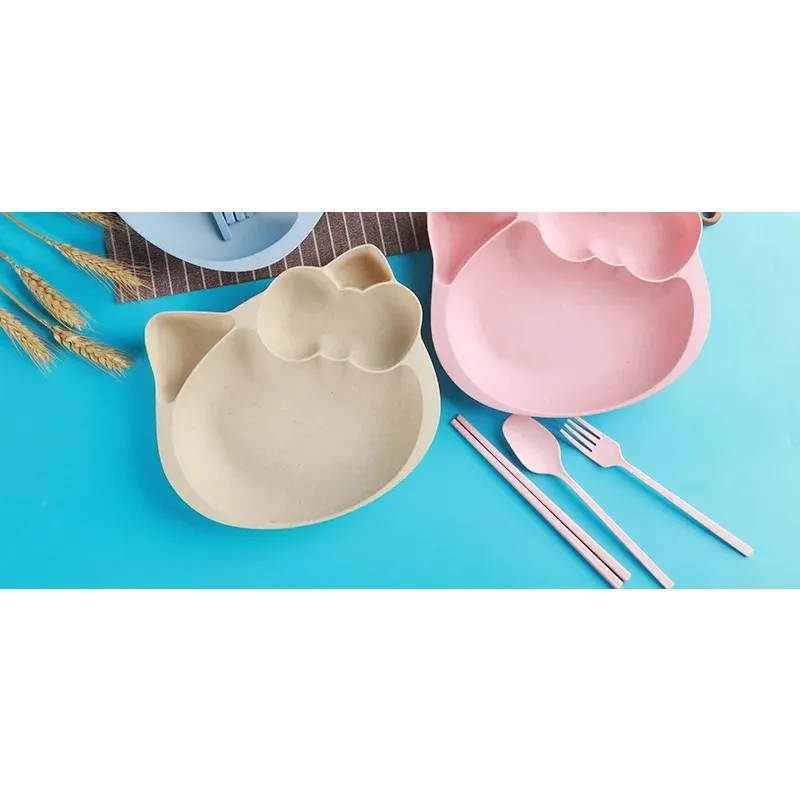 Креативный противоскользящий детский набор посуды из пшеничной соломы в форме мультфильма с защитой окружающей среды, набор из четырех предметов с мультяшным котом