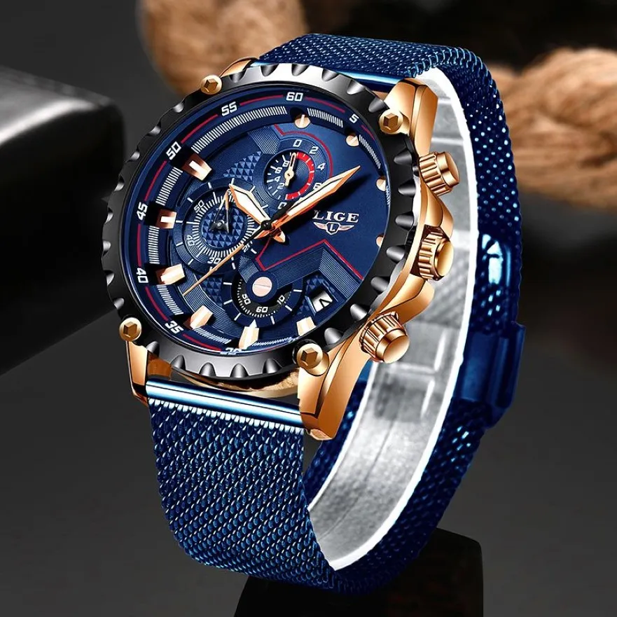 Lige New Mens relógios de moda masculina Top da marca Luxo de aço inoxidável Blue Watch Watch Men Sport casual Sport à prova d'água relógio Relogio ly325h