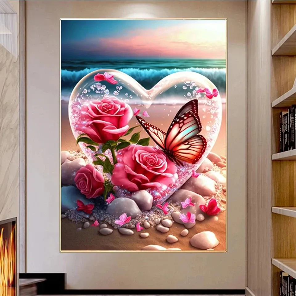 Stitch Romantic Beach Scenery Diamond Painting Rose Butterfly Love DIY MOSAIC Diamond Brodery 5D CROSS STITTH FLOWER HOME Decor S448