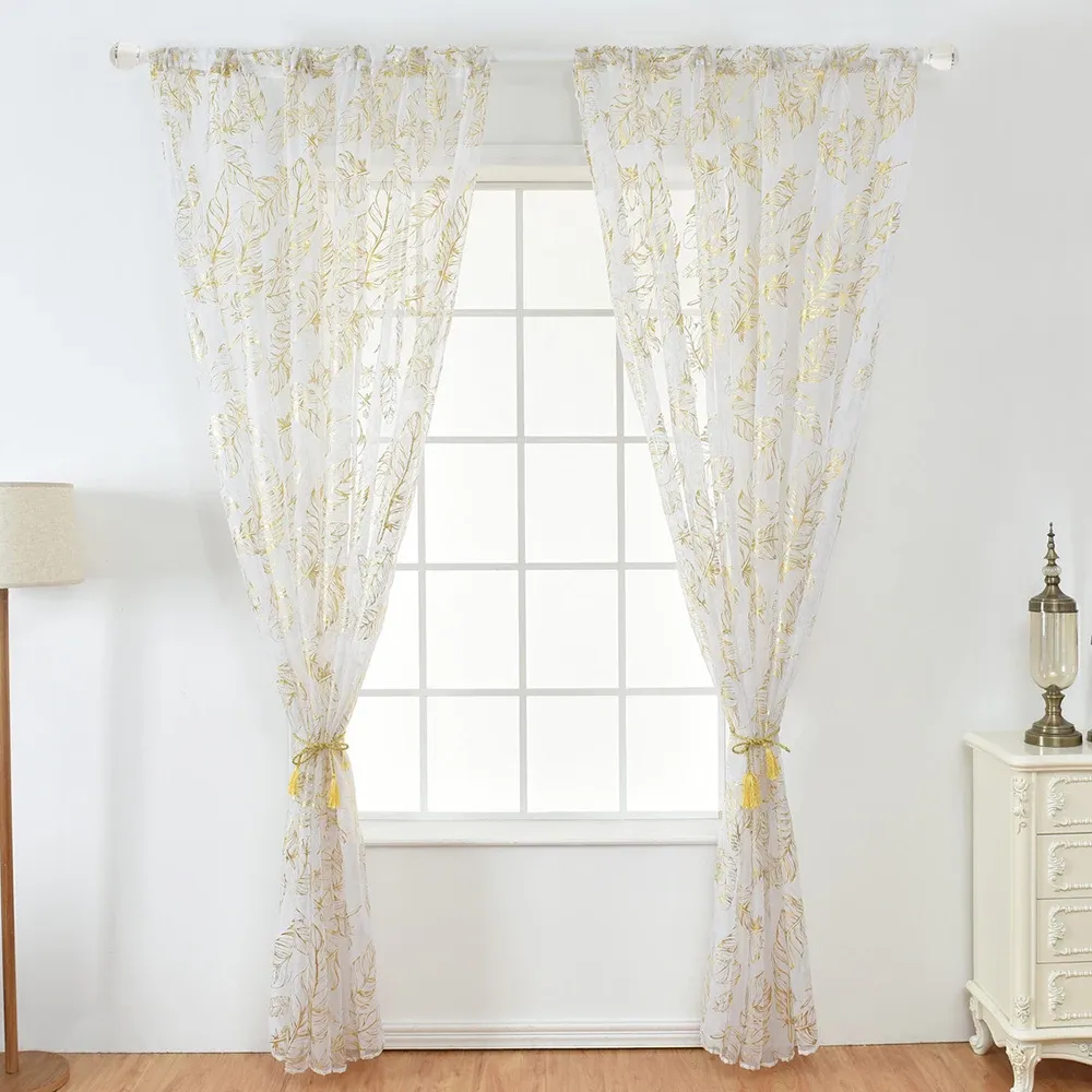 Gardiner 100x200 cm Elegant Feather Gold Stamping Tulle Curtain Modern vardagsrum Drap Sheer Yarn Window Gardiner Transparent gardin D30