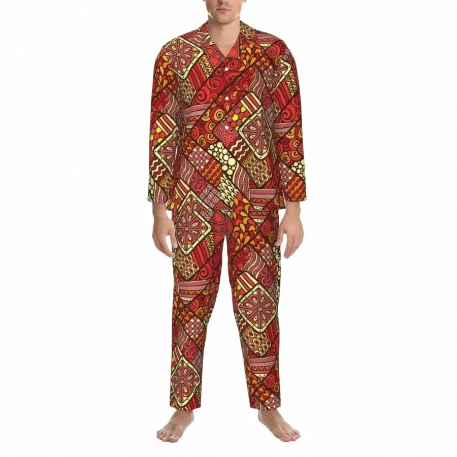 Ensemble de pyjama imprimé tribal rouge abstrait mignon pyjama doux homme manches Lg nuit décontractée 2 pièces vêtements de nuit grande taille 2XL t6Ie #