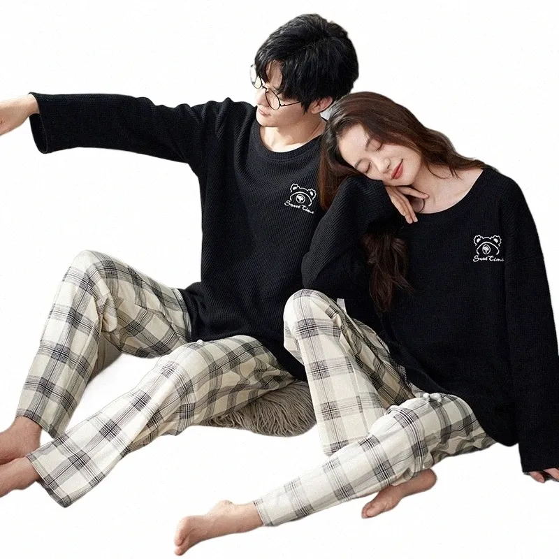スリーのトップパンツの女性と男性がパジャマを一致させるセットコットワッフル愛好家春のナイトウェアカップルパジャマ01crのための韓国のスリープウェア