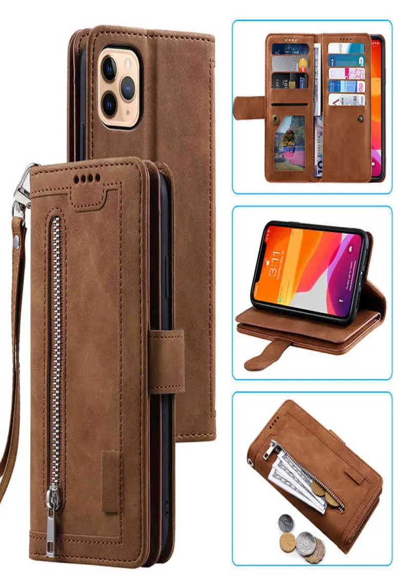 Nya 9 kort blixtlås Flip Leather Case 12 11 Pro SE 2020 10 X 6 6S 7 8 Plus XR XS Max Wallet Book Telefon Cases4333017