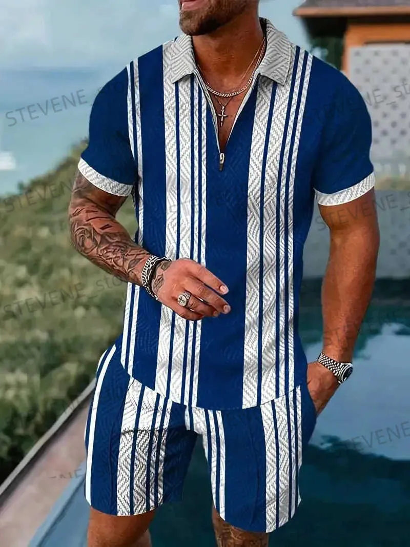 Masculinos Tracksuits Novos Mens Verão Esportes Férias Set Strt Lazer Praia Roupas 3D Manta Patchwork Curto Slved Polo + Shorts Conjunto de 2 peças T240326