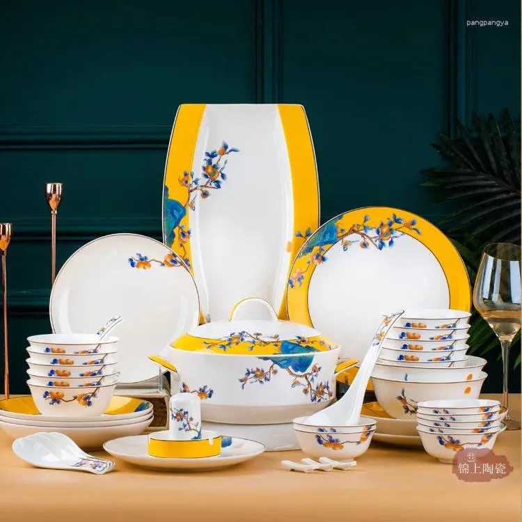 Dinnerware Sets Jingdezhen Bone China Bowls Plates And Dishes Set Domestic Light Luxury Chinese Style Gilt Edged Ceramic Tableware