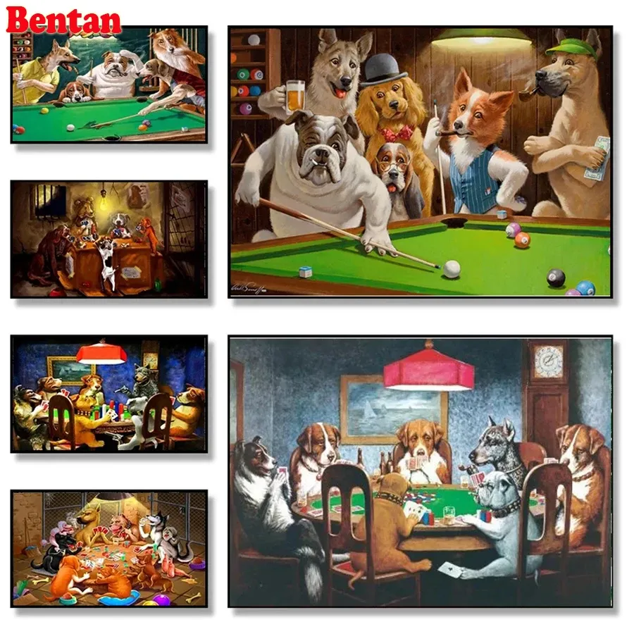 ダイヤモンド刺繍入りのステッチペイント面白い動物犬はポーカーを演奏していますビリヤードダイヤモンドペインティングフルスクエアラインストーンの絵