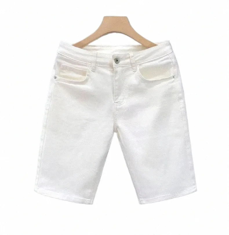 2023 Summer New Casual Denim Shorts Men Fi Białe Kolan długość spodnie Prosty Slim Class