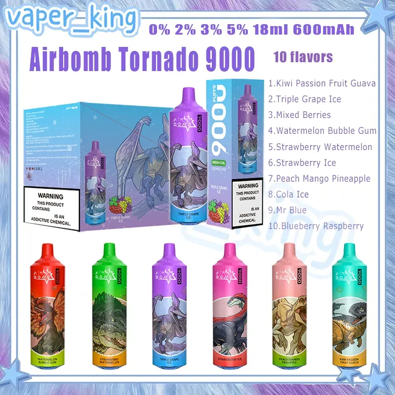 Retail Original Airbomb Tornado 9000 Puff Disposable Electronic Cigarette Mesh Coil 18 ML POD 600mAh Batteri 0% 2% 3% 5% 10 smaker 9K Puffs Vape Pen