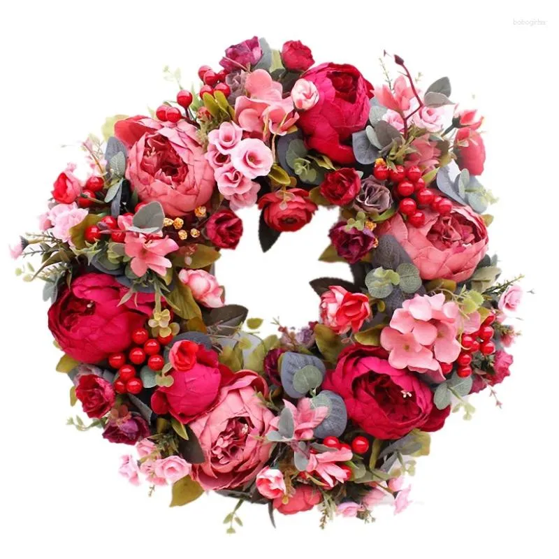 Decorative Plates Door Wreath Silk Flower Peony Head 40cm Handmade Garland For Autumn Winter Outdoor Display Red