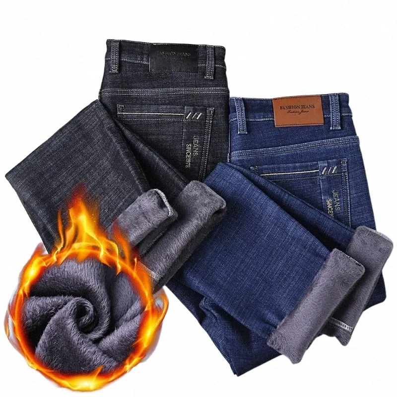 Vinter termisk varm flanell stretch jeans mens vinterkvalitet berömda varumärke fleece byxor män raka flocking byxor jean man l8eq#