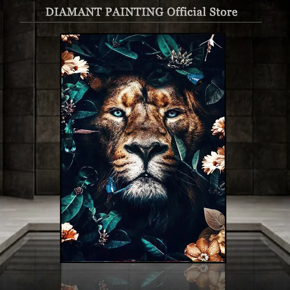 Stitch Full Square / Round Diamond Embroidery DIY Diamond Painting Cross Stitch Drill Tiger Lion Face & Flowers Picture of Rhinestones