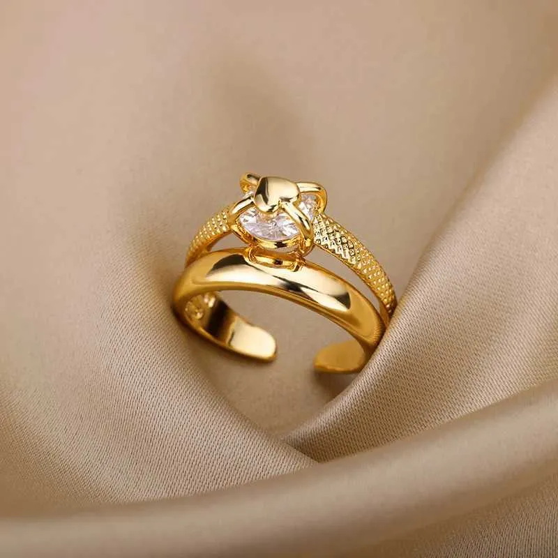 Bandringe Damen herzförmiger Ring vergoldet verstellbarer Edelstahlring 2023 Trend Luxus Hochzeitspaar Schmuck Anillos Mujer J240326