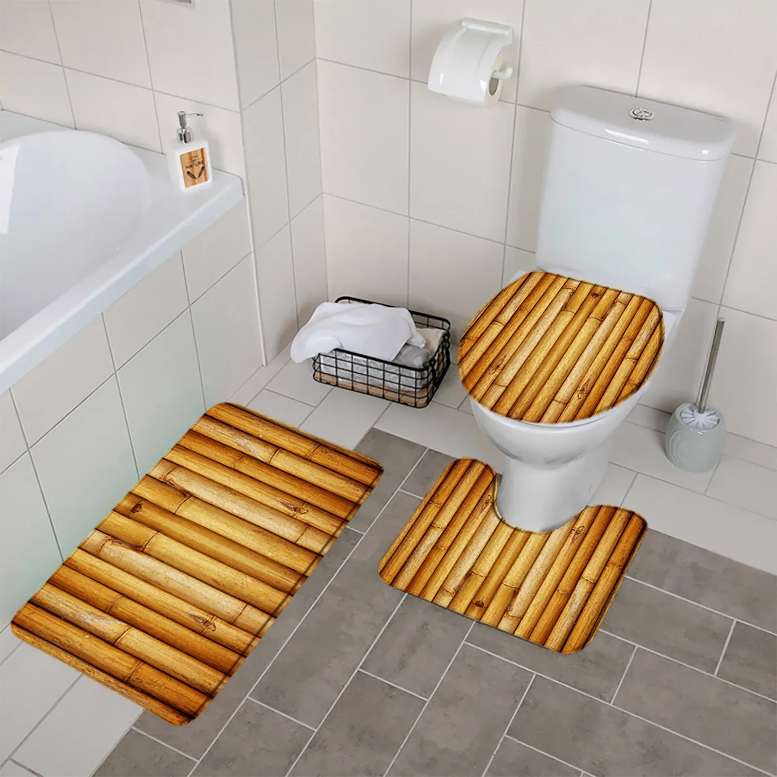 Matten Bamboe 3 stks Badkamer Mat Sets Landelijke Schuurdeur Houtnerf Vintage Douche Tapijten Tapijt Wc Deksel Cover Anti Slip Badkamer Decor