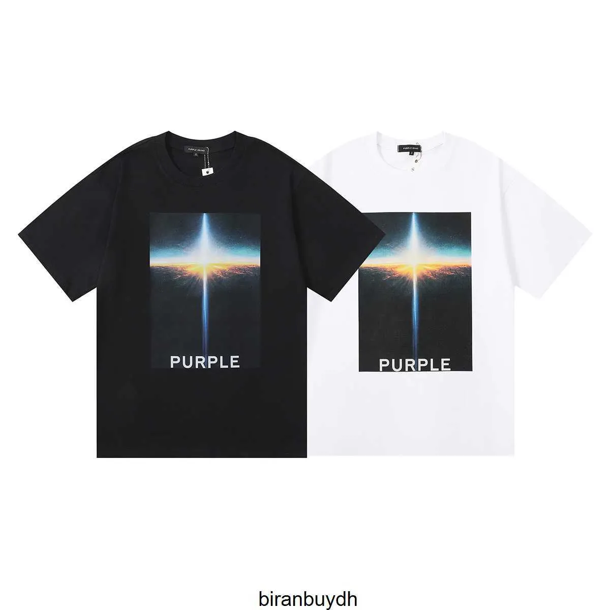 High Quality American Fashion Brand Purple Brand Cloud Sea Sunrise High-definition Printed Mens and Womens Loose Fitting Casual Short Sleeved T-shirt