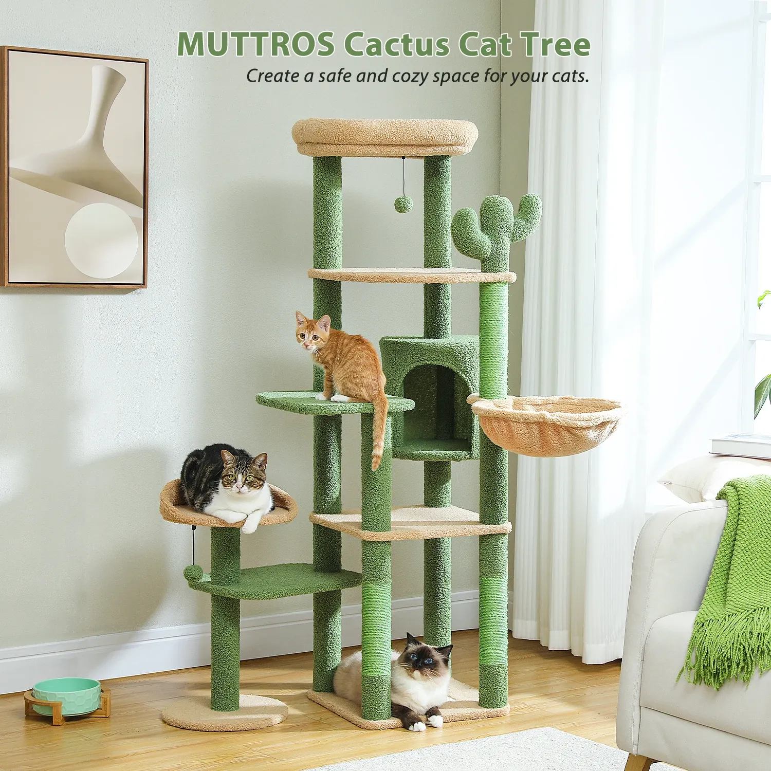 Arbre à chat cactus à plusieurs niveaux avec hamac condo, poteau à gratter pour lit de chaton, grattoirs, grande tour pour chat, jouets pour chat, fournitures pour chat