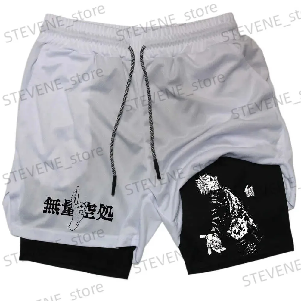 Men's Shorts Anime 2 In 1 Compression Shorts Gojo Satoru Print Performance Sportswear Men GYM Training Workout Male Fitness Sport Shorts T240325