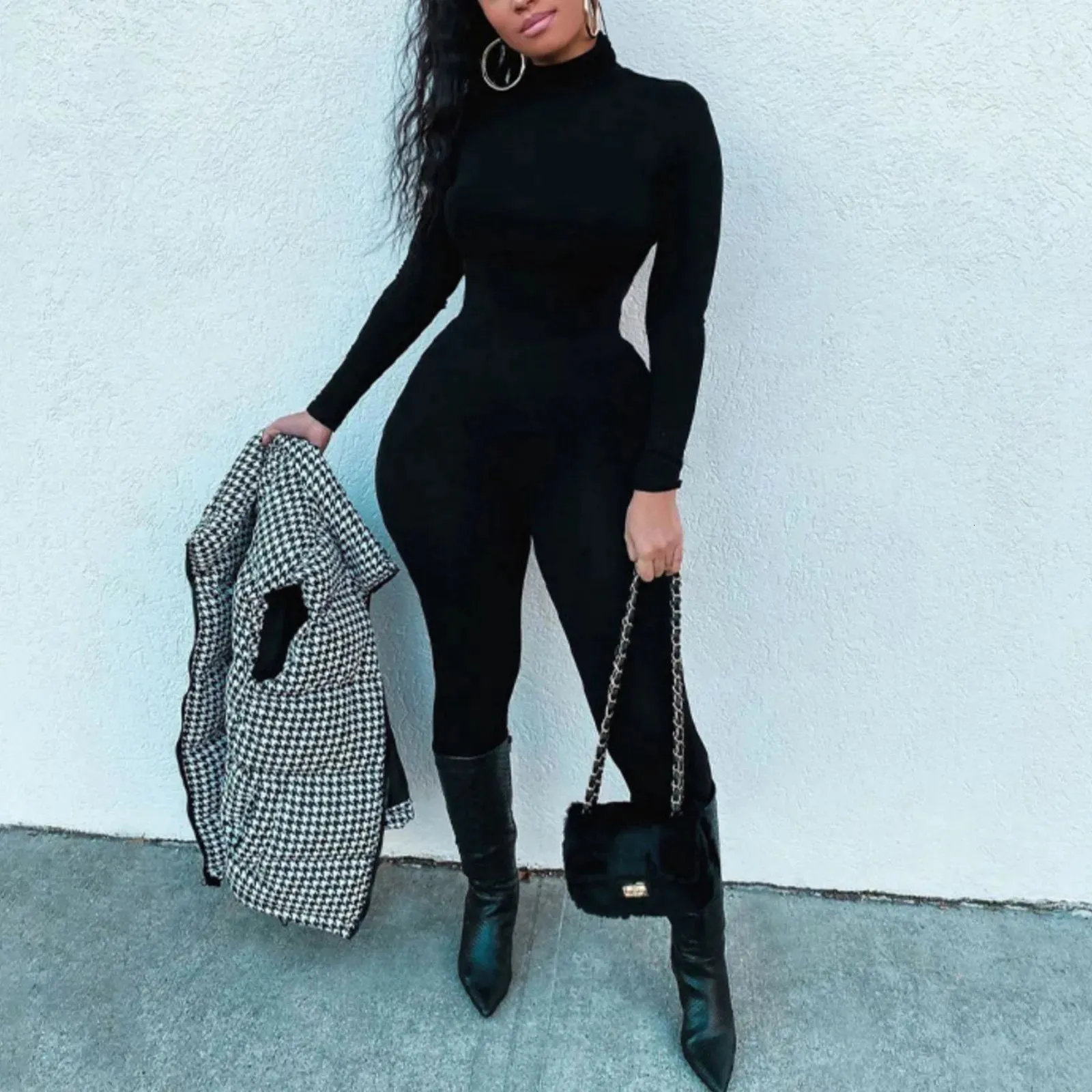 Svart turtleneck romper sexig bodycon jumpsuit streetwear höst vinter fitness sport bodysuits sammet yo-ga onesie 240306