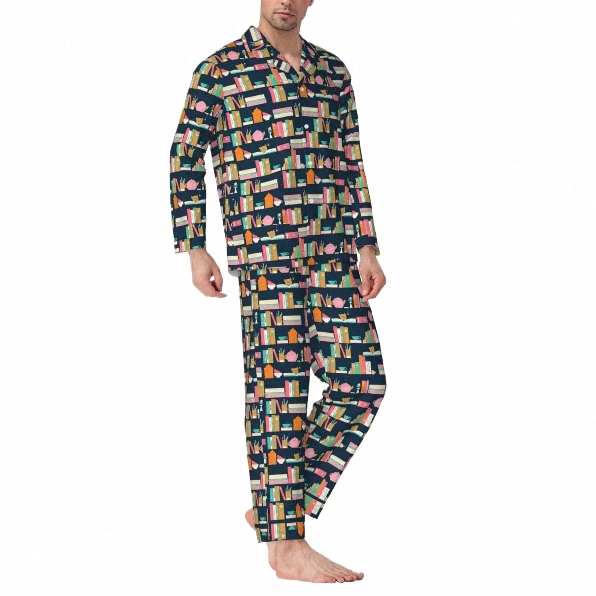 The Library Pijamas Outono Chá Livros Imprimir Casual Oversize Pijama Define Mens Lg-Sleeve Soft Night Pattern Nightwear v9Wx #