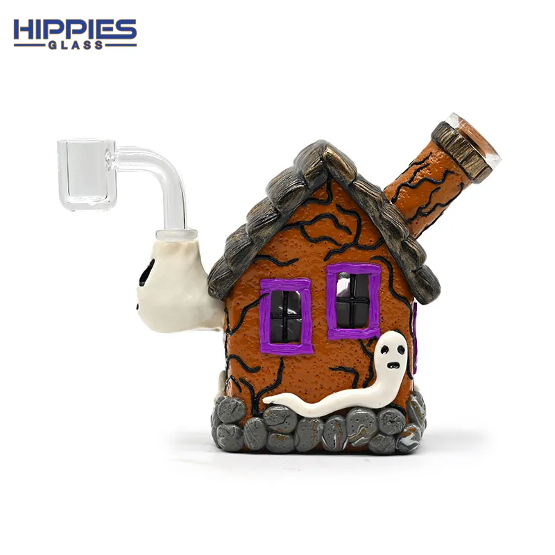 Glass Water Pipe,Polymer Clay Halloween Theme Glass Smoking Item With Cartoon House,Home Desktop Decoration,Tobacco Glass,Glass Hookah,Glass Bong