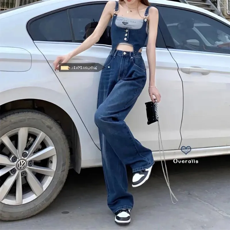 Dames Tweedelige Broek Koreaanse Mode Denim Bretels Jeans 2024 Zomer 2 Set Voor Vrouwen Verstelbare Split Hoge Taille Recht