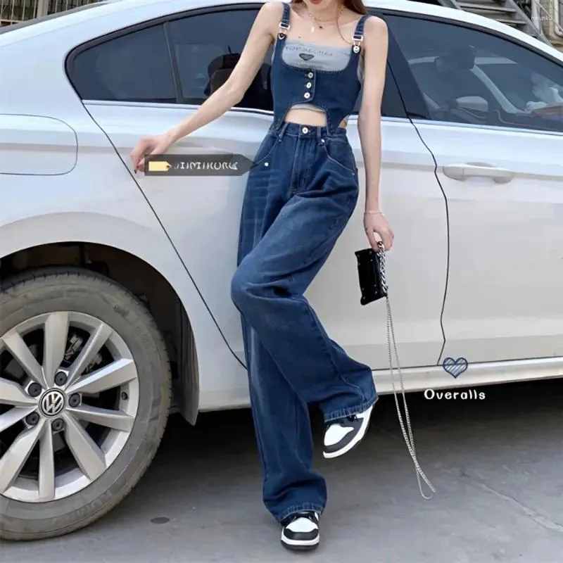 Women's Two Piece Pants Korean Fashion Denim Suspenders Jeans 2024 Summer 2 Set For Women Adjustable Split High Waist Straight