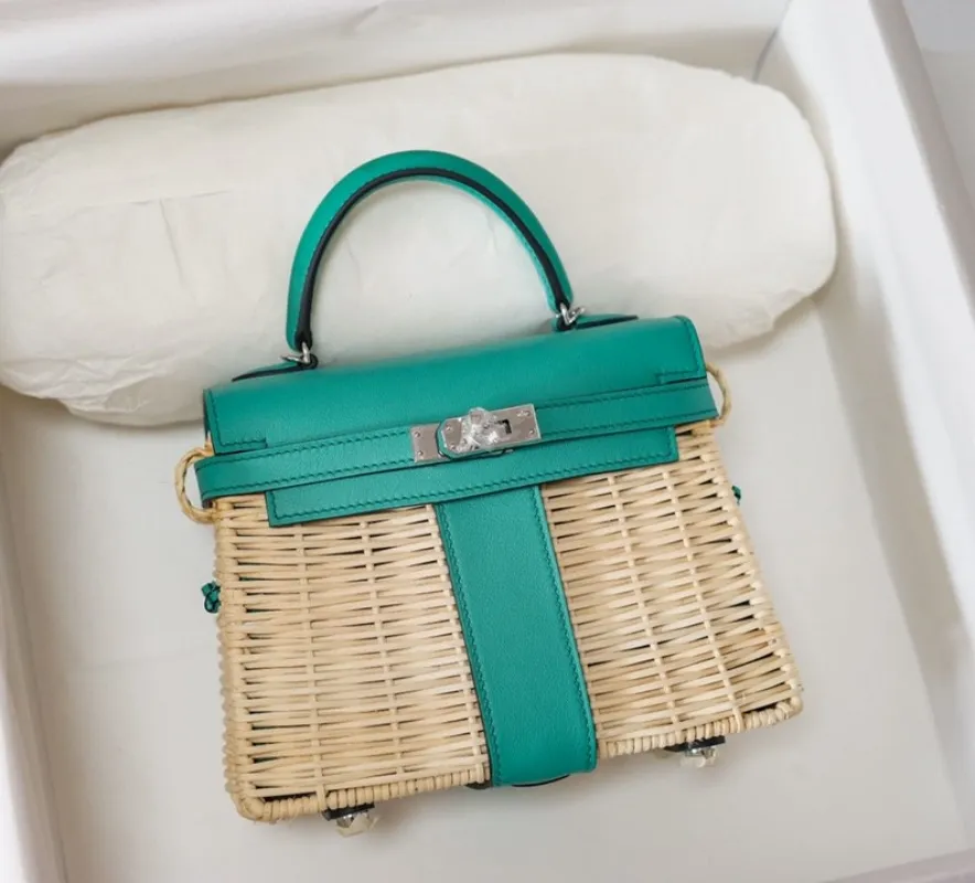 luxury purse 20cm cute mini handbag designer bags swift Leather with rattan fully handmade quality blue green pink cream colors fast delivery