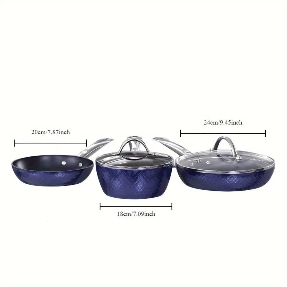 Kitchen Cookware Sets, Blue 1.2 Quart Saucepan with Lid, 8 Inch Small and 9.5 Hard Anodized Frying Skillet Pan, Induction Nonstick Ceramic Flying Cooking