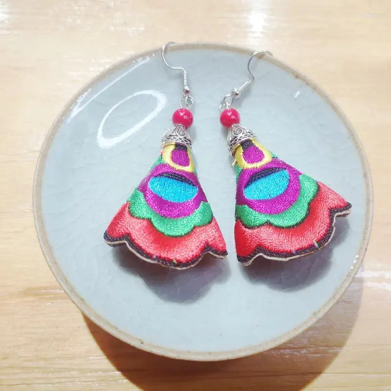 Dangle Earrings Neo-Chinese Style Embroidery Earings Oriental Ethnic Peacock Feather Pattern Stitchwork Earing Beautiful OOTD Accessories