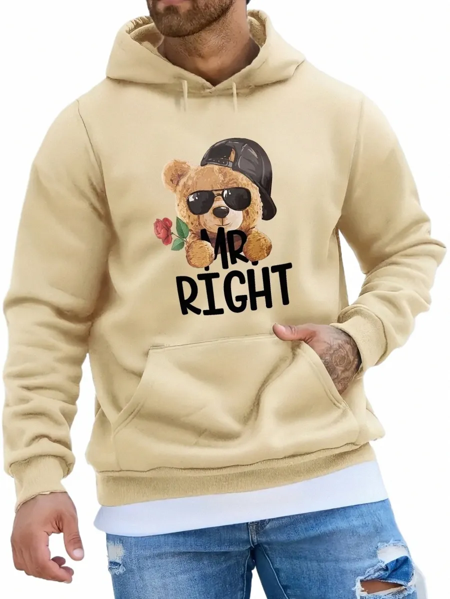 cute Teddy Bear Print Hoodie, Cool Hoodies For Men, Men's Casual Graphic Design Pullover Hooded Sweatshirt With Kangaroo y8iG#