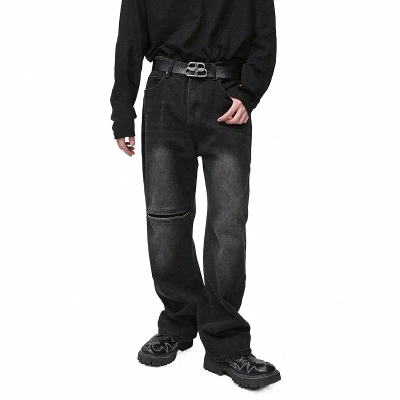 syuhgfa Herren Fi Denim Hosen Nihce Design Reißverschluss Split Straight Jeans Einfarbig Wed Street Lose Hosen Trend N40Z #