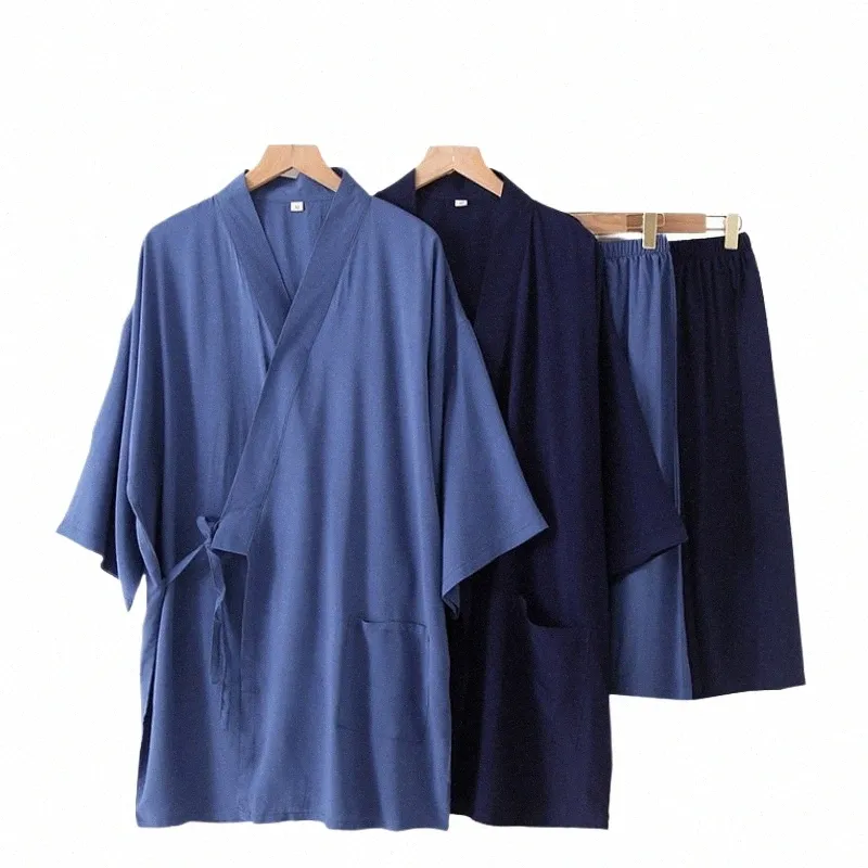 Été 2 pièces Style japonais hommes Ray mince vêtements ensembles solide Kimo Cott vêtements à la vapeur pyjamas ensemble hommes peignoir chemise de nuit D6l3 #