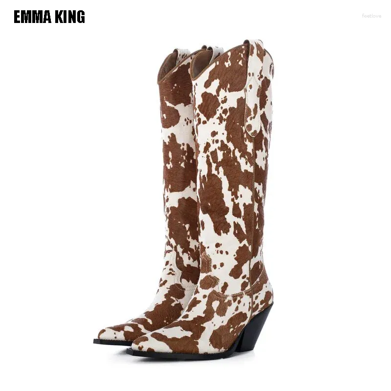 Boots Cowboy Fashion 2024 Mid-Boots Cow Pattern Spotted Women's Cowgirl Retro Western Chunky Heel 44