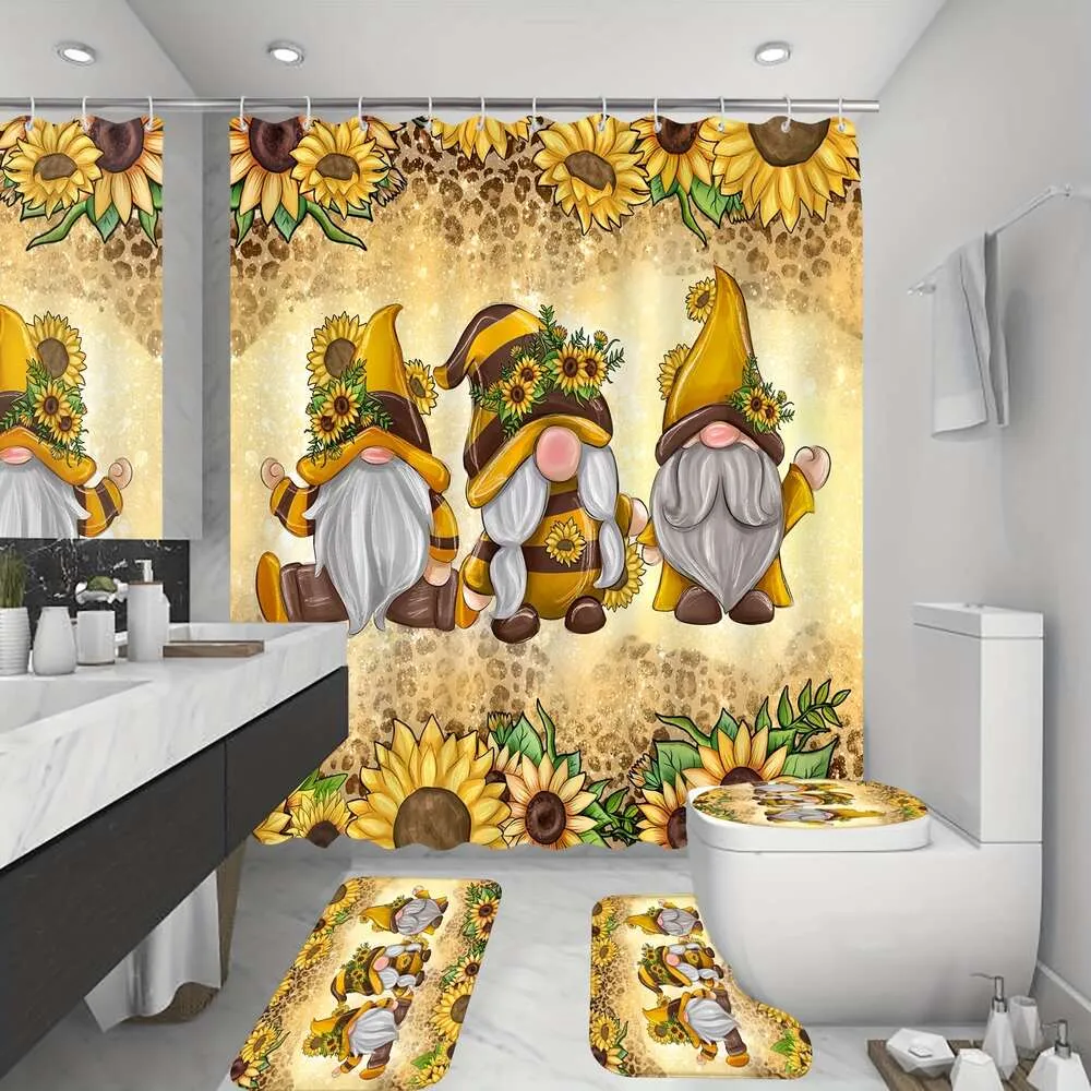 Ensemble Gnome Suower 1/4 pièces, rideau de douche étanche avec 12 crochets, tapis, tapis en forme de U, couvercle de couvercle de toilette, décor de salle de bain