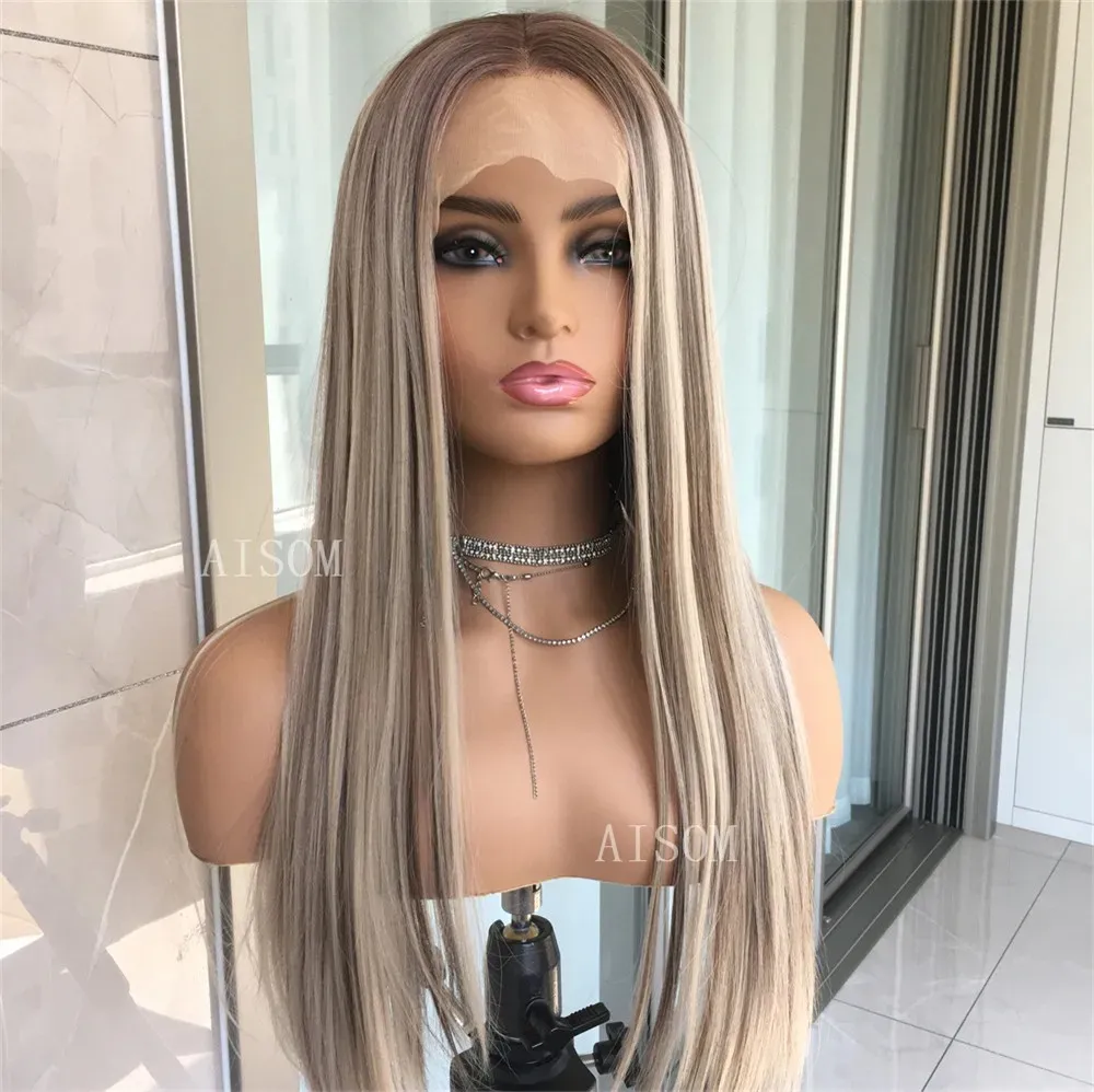 Highlight Blonde Platina Rechte Kanten Voorpruik Synthetisch Haar voor Vrouwen Lijmloze Kanten Frontale Pruik Pre Geplukt Blond Gekleurd